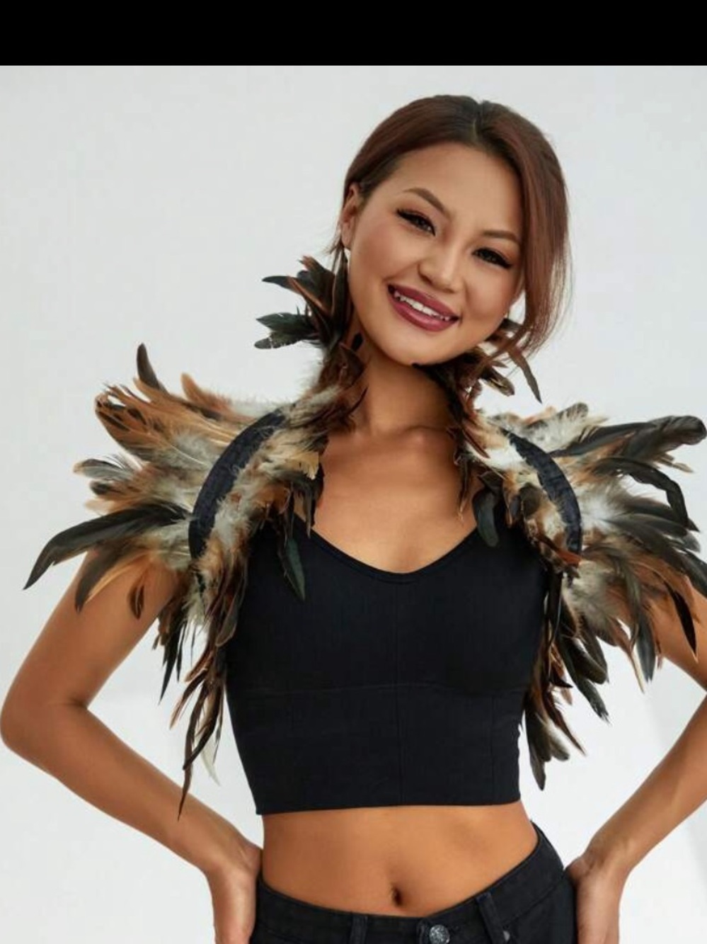 Feather Shoulder Shawl Wrap Accessory in Brown & Black